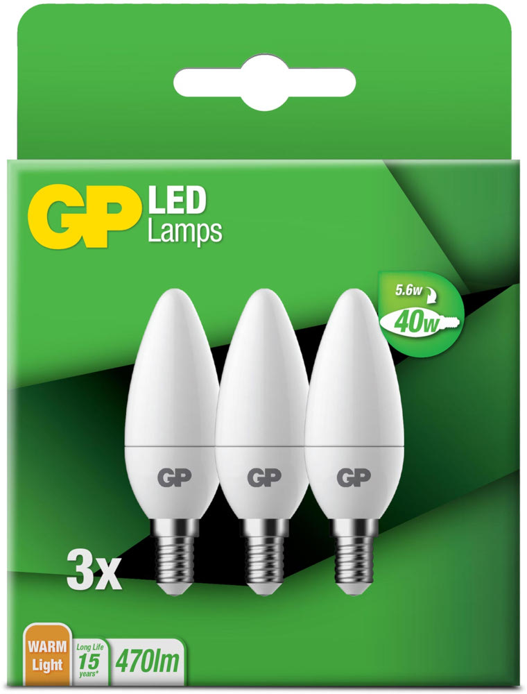 A box of three GP LED light bulbs. The box is green with white bulbs and text.