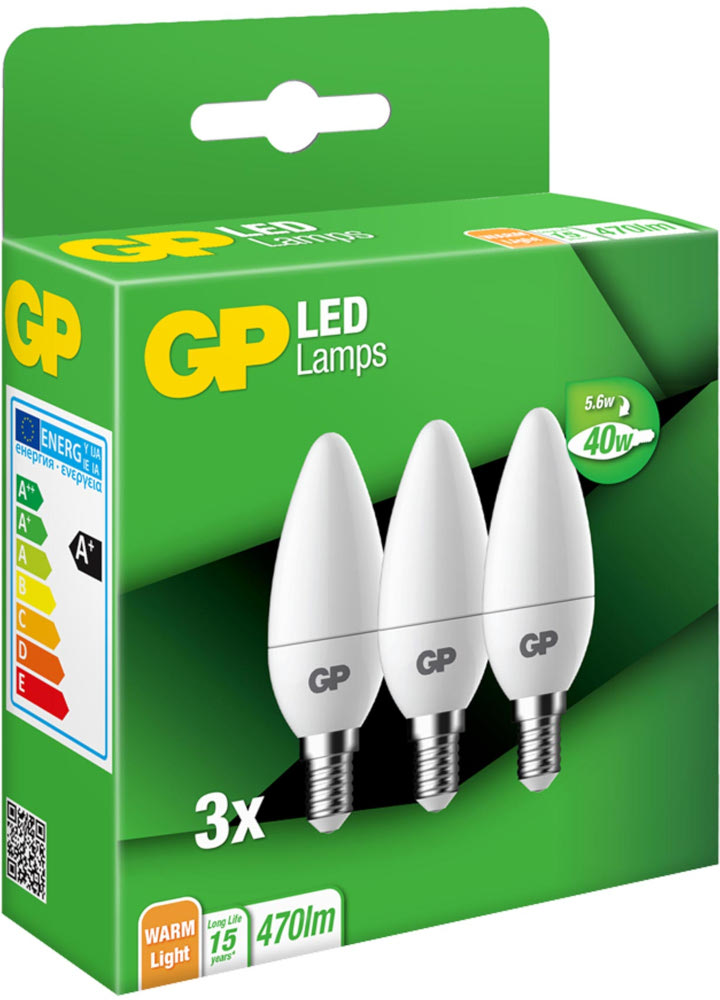 Box with GP LED lamps, green with energy efficiency labels and three white bulb shapes.