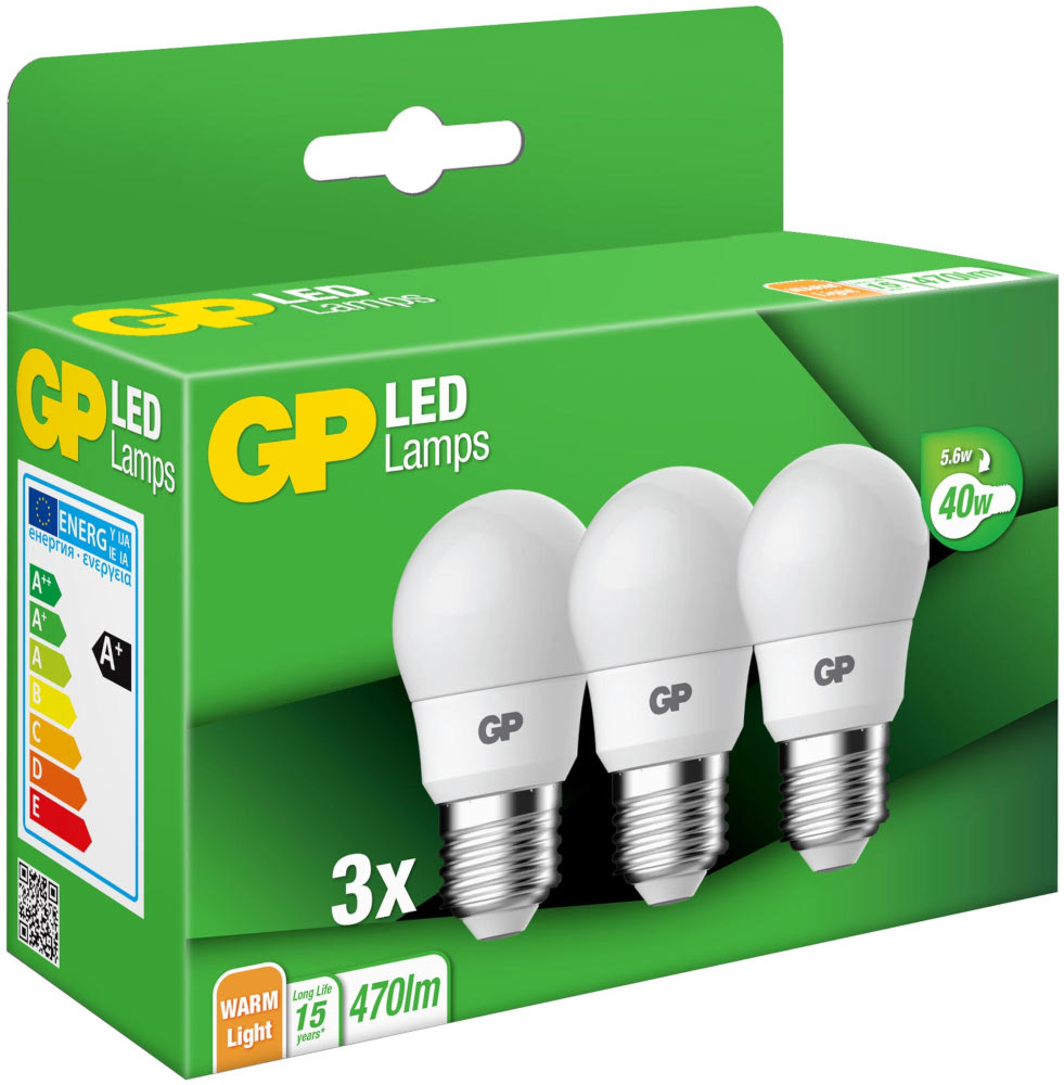A green box with three LED lamps. The box has the brand name 'GP LED Lamps' and energy efficiency labels.
