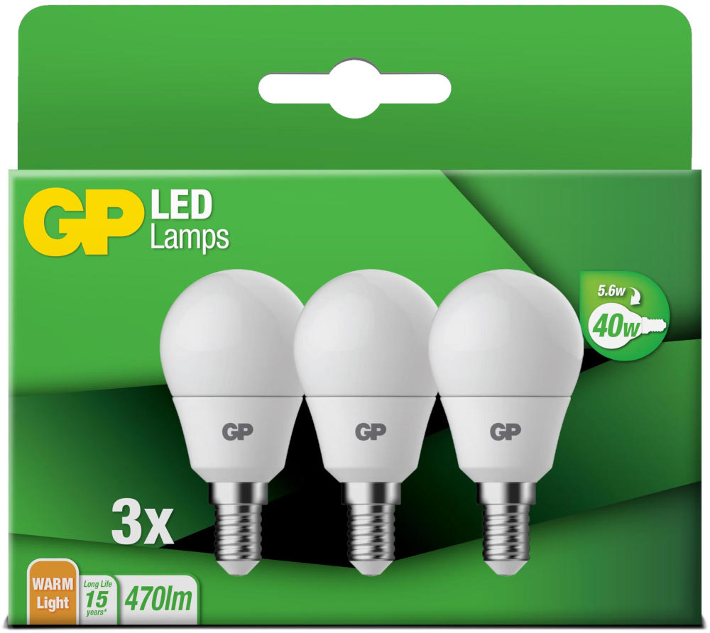 A pack of three LED light bulbs with a green packaging and a white background.