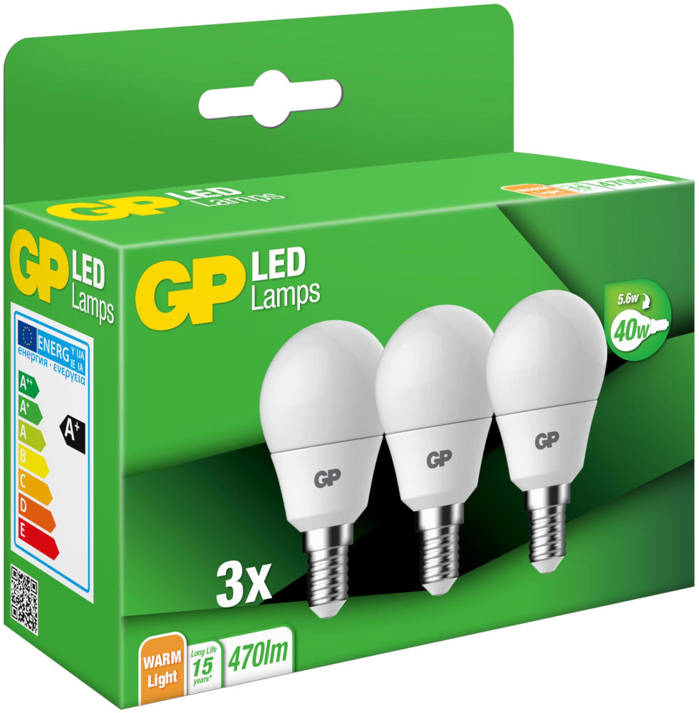 A box of LED light bulbs. The box is green with white bulbs inside.