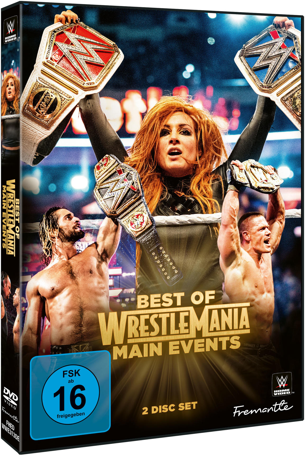 DVD-Cover: Best of Wrestlemania, Wrestler mit Gürteln. Blaues Label.