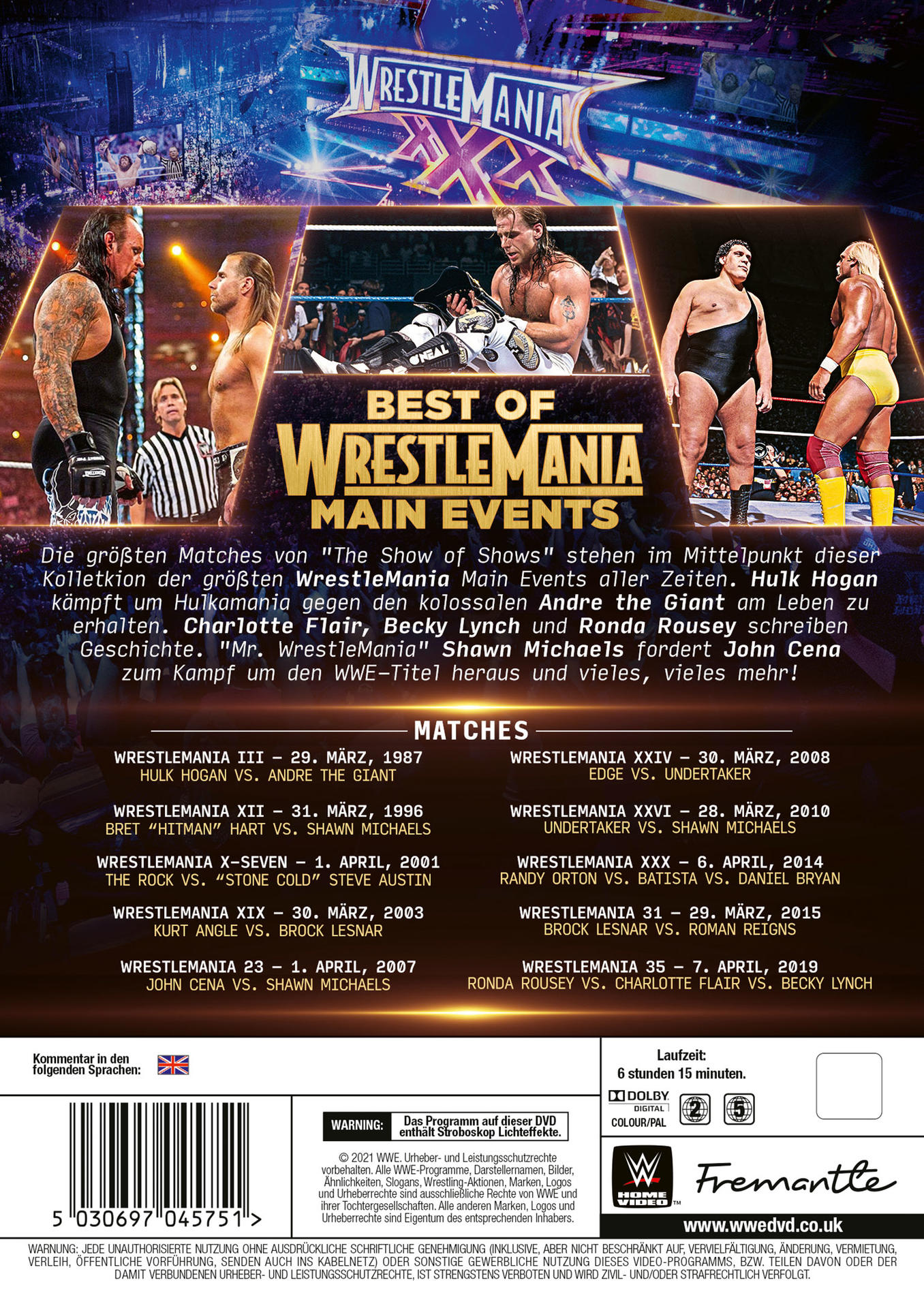 Rückseite einer WWE WrestleMania DVD mit Wrestlern, Matches und Text.