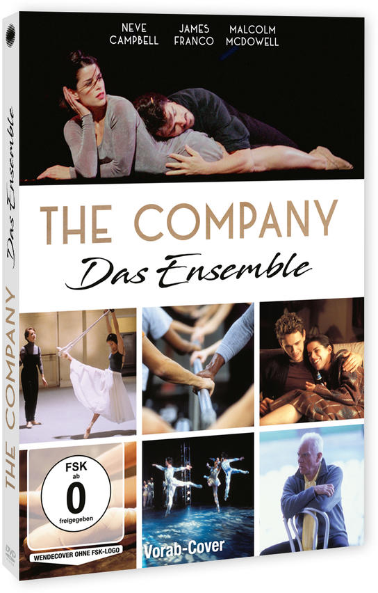 DVD-Cover: 'The Company' mit den Schauspielern Neve Campbell, James Franco und Malcolm McDowell, mit Fotomontage.