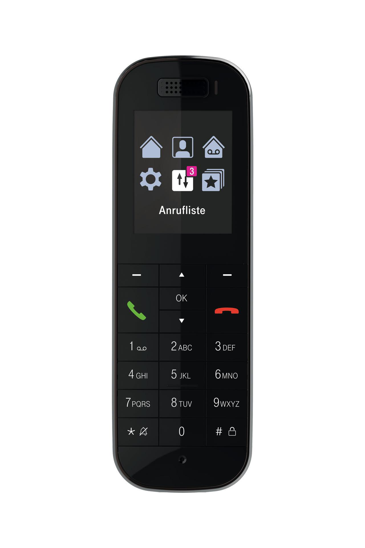Ein schwarzes Mobiltelefon mit einem Bildschirm, der Symbole anzeigt, mit wenigen Tasten.