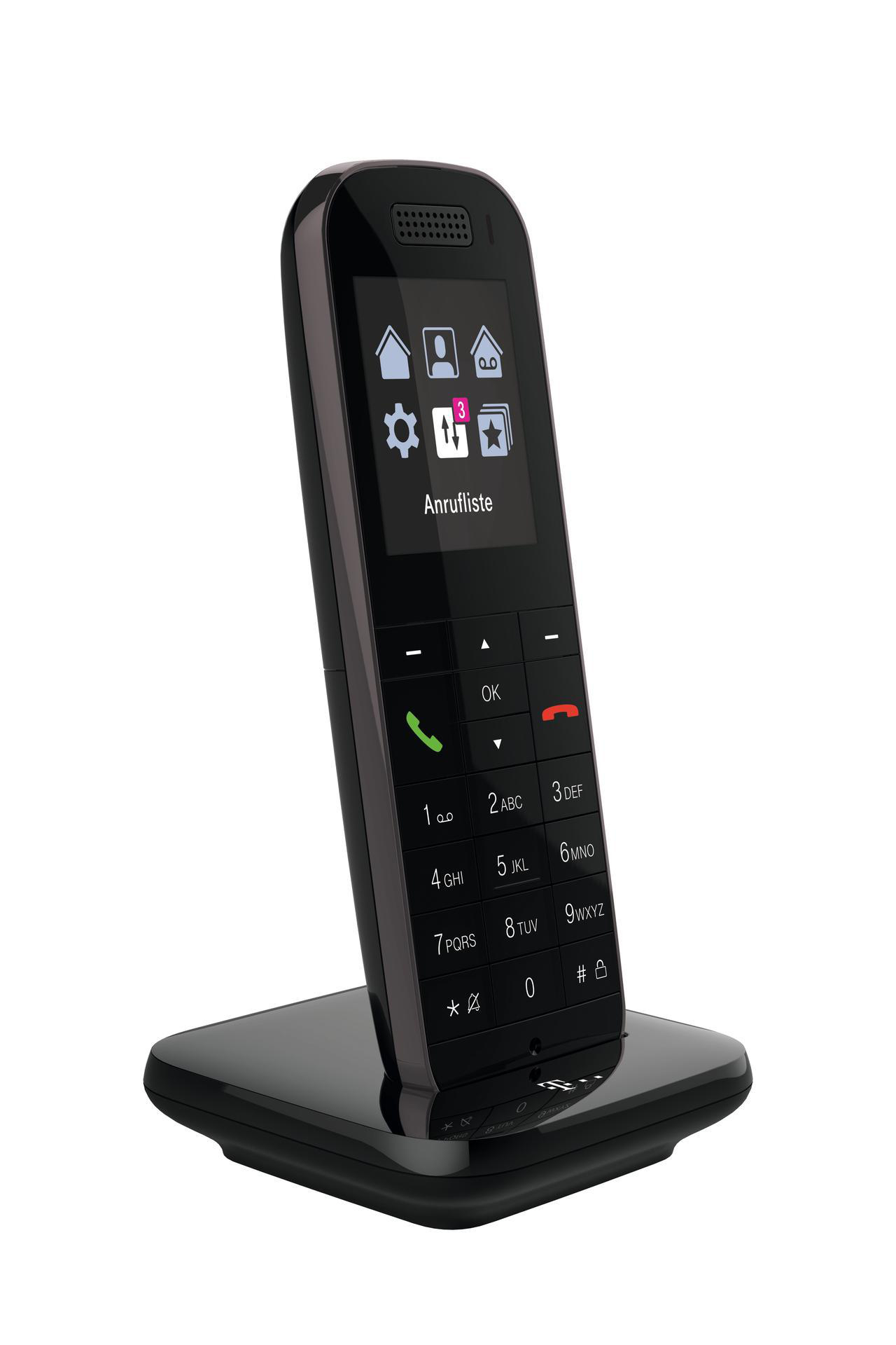 Schwarzes schnurloses Telefon mit Bildschirm auf schwarzer Basis. Bildschirm zeigt Menüsymbole.