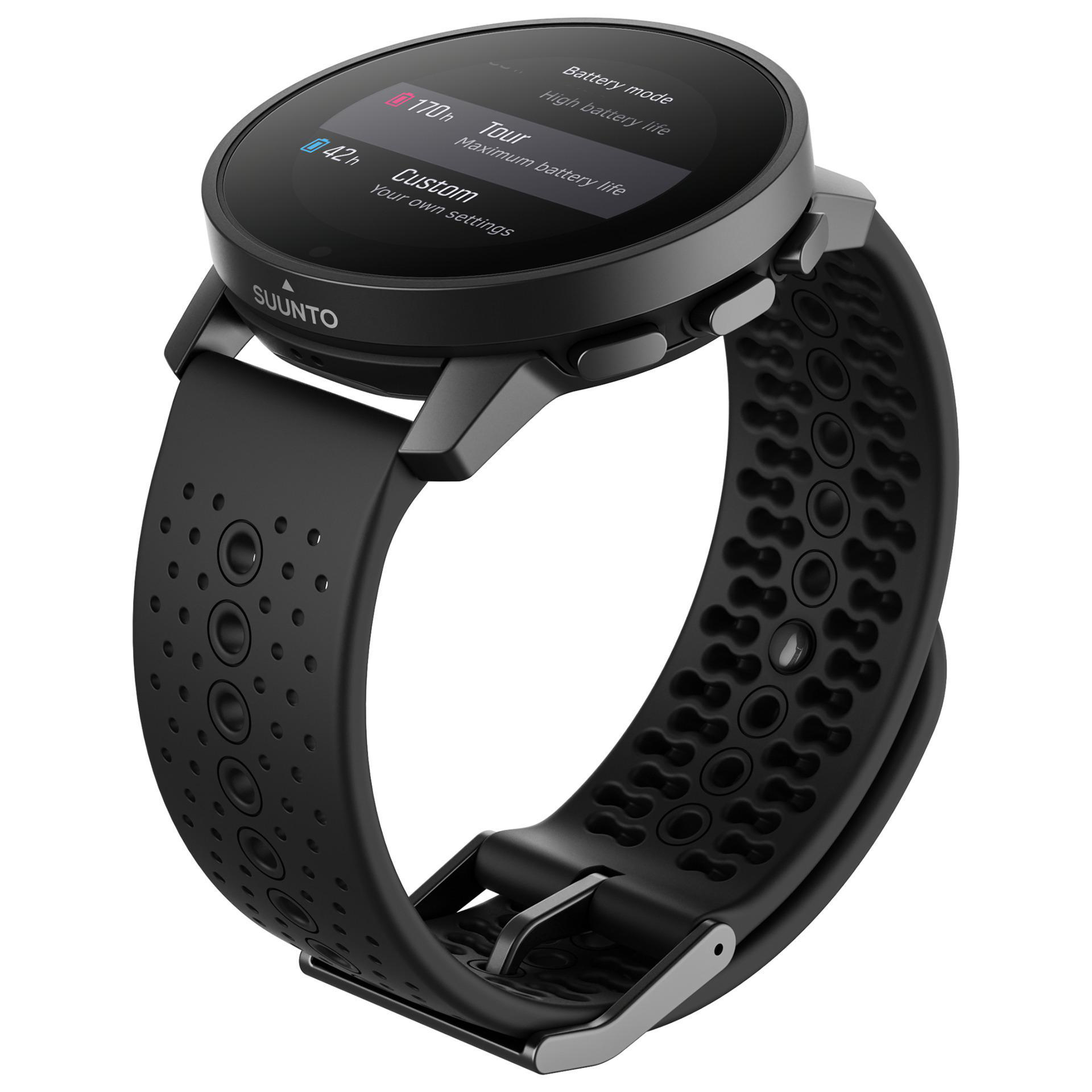 Schwarze Suunto Smartwatch mit schwarzem Armband. Die Uhr zeigt Batterie- und Modusinfos.