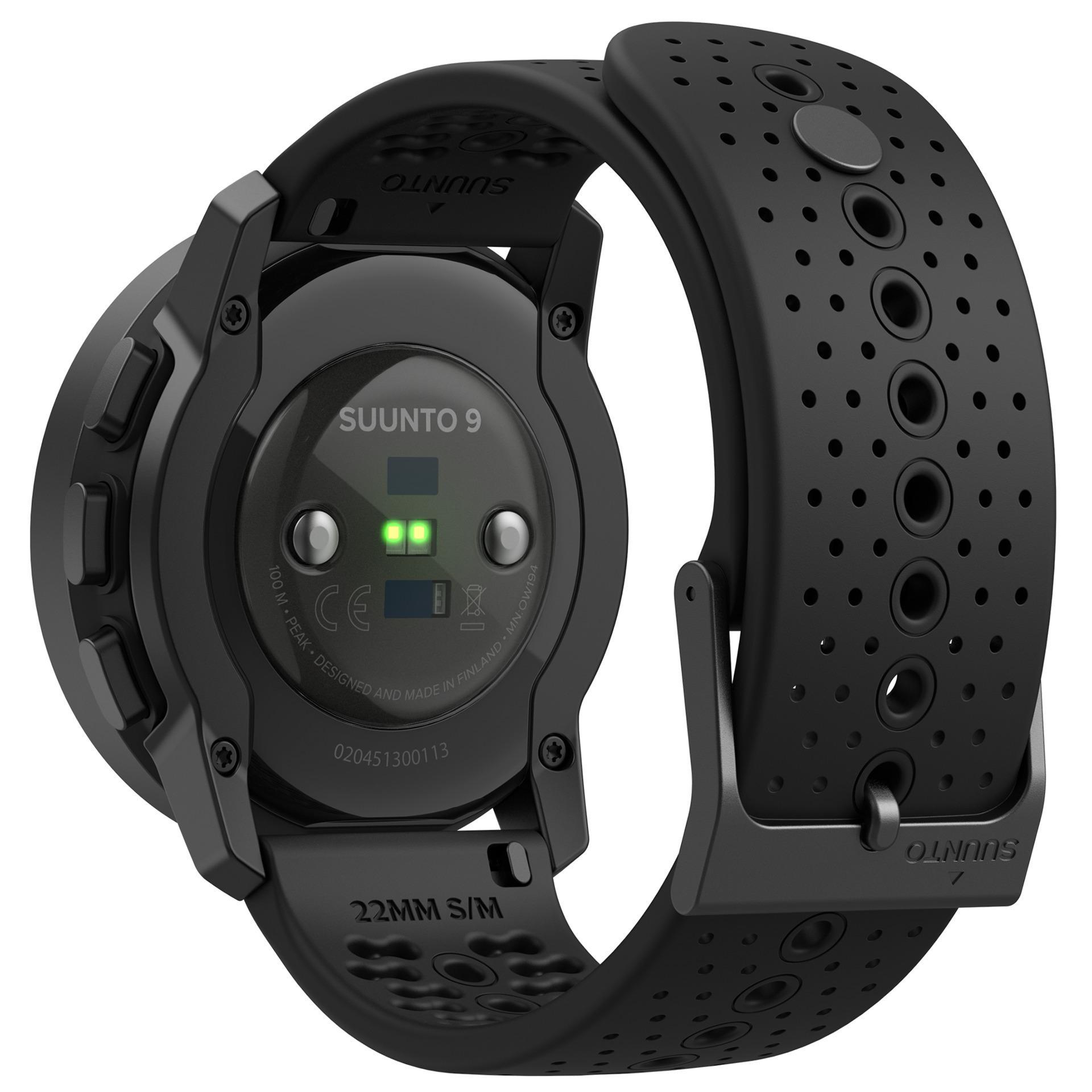 Schwarze Smartwatch mit schwarzem Armband, Knöpfen und Bildschirm.