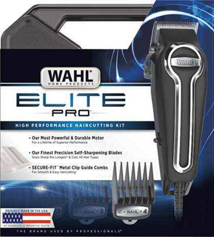 Kit tagliacapelli Wahl Elite Pro. Include tagliacapelli, pettini guida e scatola. La scatola mostra le caratteristiche del prodotto. Tagliacapelli nero e argento.
