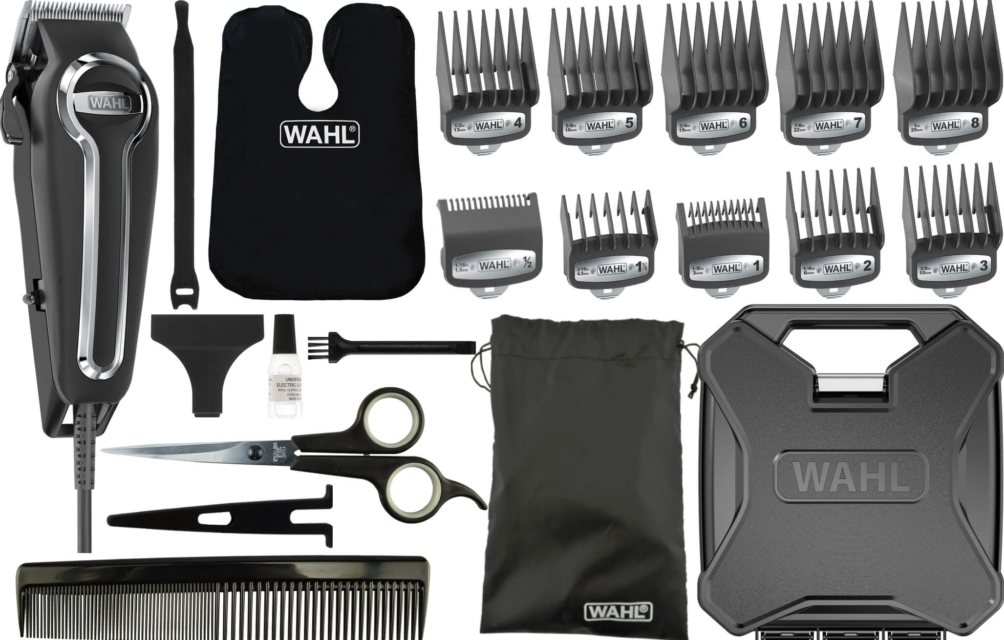 Un set tagliacapelli Wahl con vari accessori, forbici e una custodia.