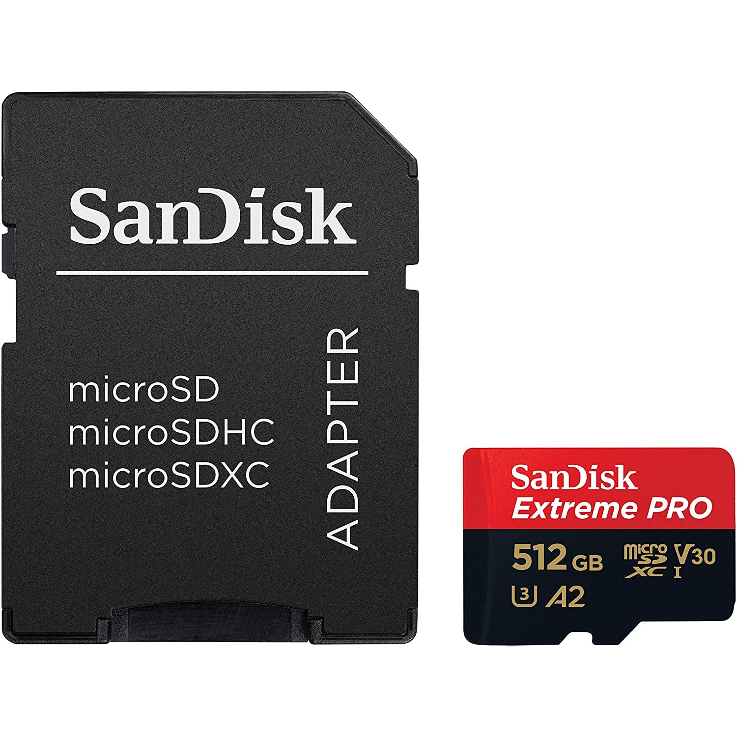 Tarjeta SD y adaptador en blanco. La tarjeta SD es roja y negra, con texto "SanDisk Extreme PRO 512GB".