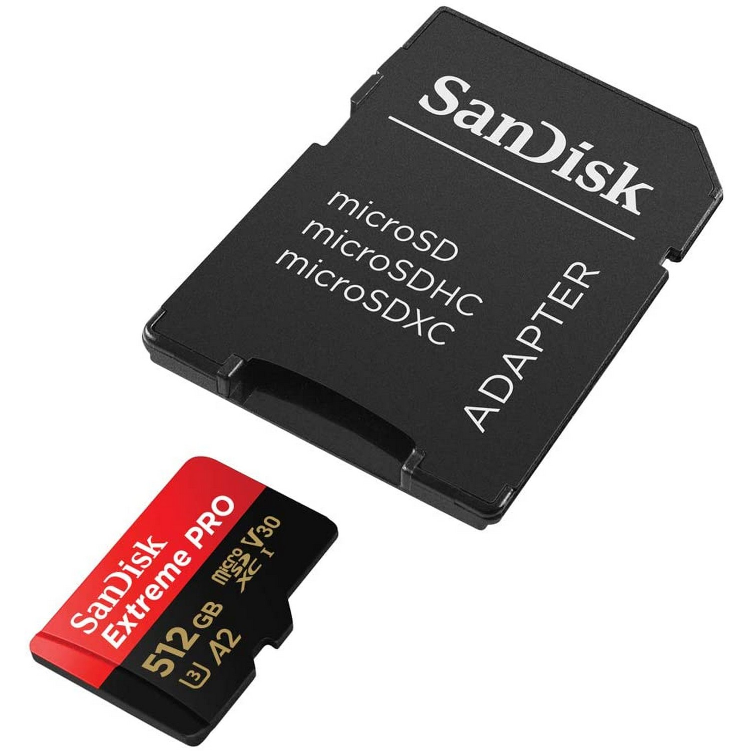 Tarjeta SD y adaptador SanDisk, sobre fondo blanco. La tarjeta SD es negra y roja.