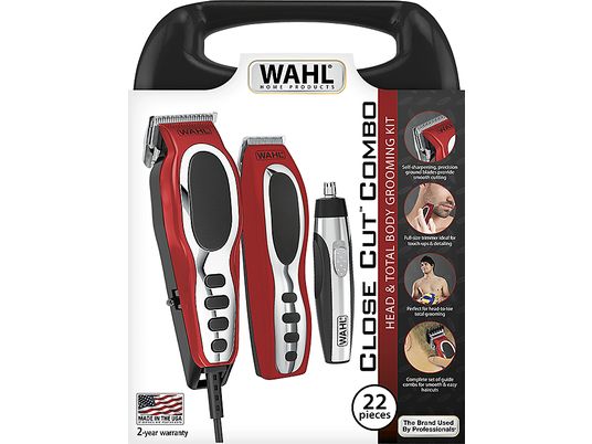 WAHL Close Cut Combo - Tondeuse à cheveux + Mini-tondeuse + Tondeuse nez et oreilles (Noir/Argent/Rouge)