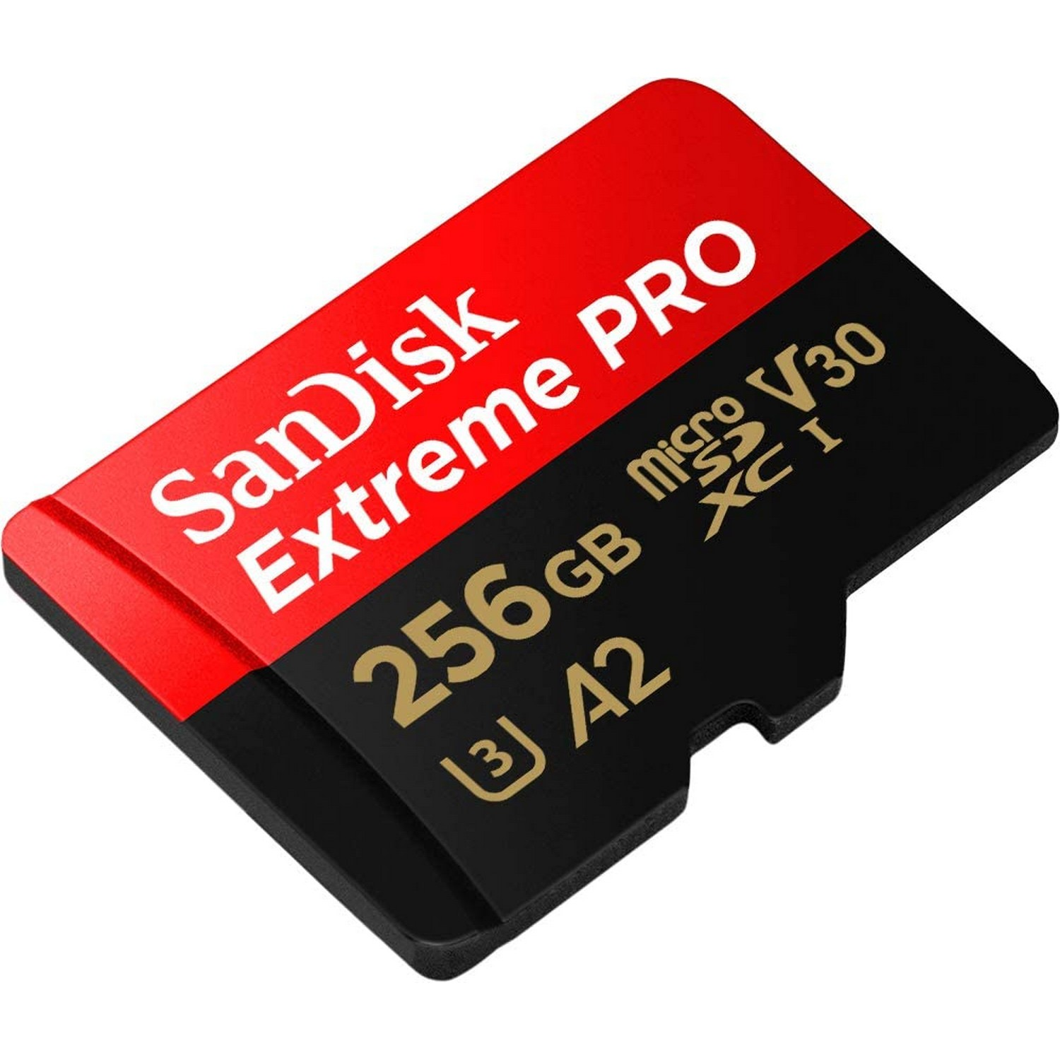 Una tarjeta MicroSD SanDisk Extreme PRO de 256 GB roja y negra, en ángulo sobre fondo blanco.