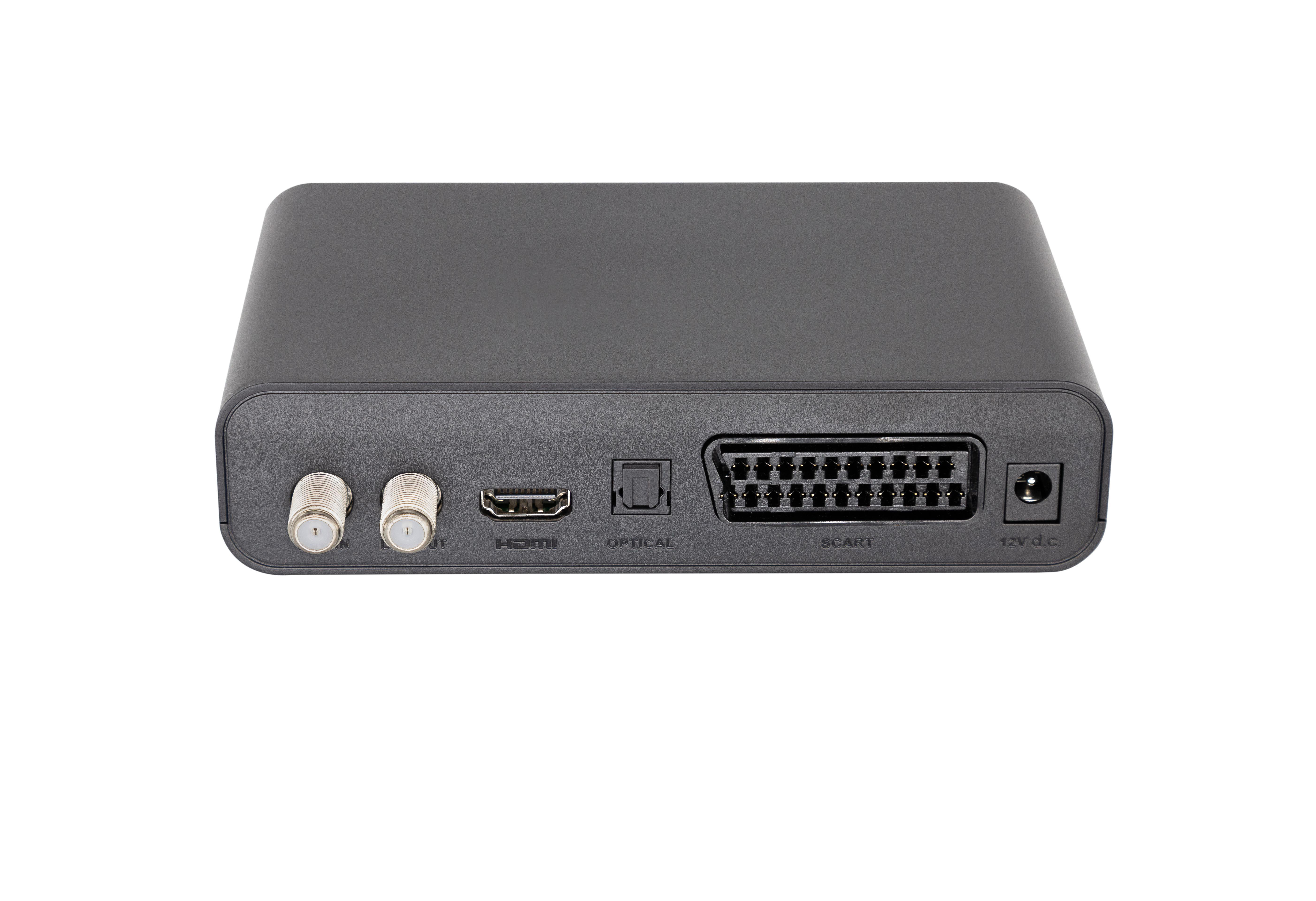 Schwarzes elektronisches Gerät mit Ein-/Ausgangsanschlüssen. HDMI, SCART, Optical und DC-Anschlüsse sichtbar.