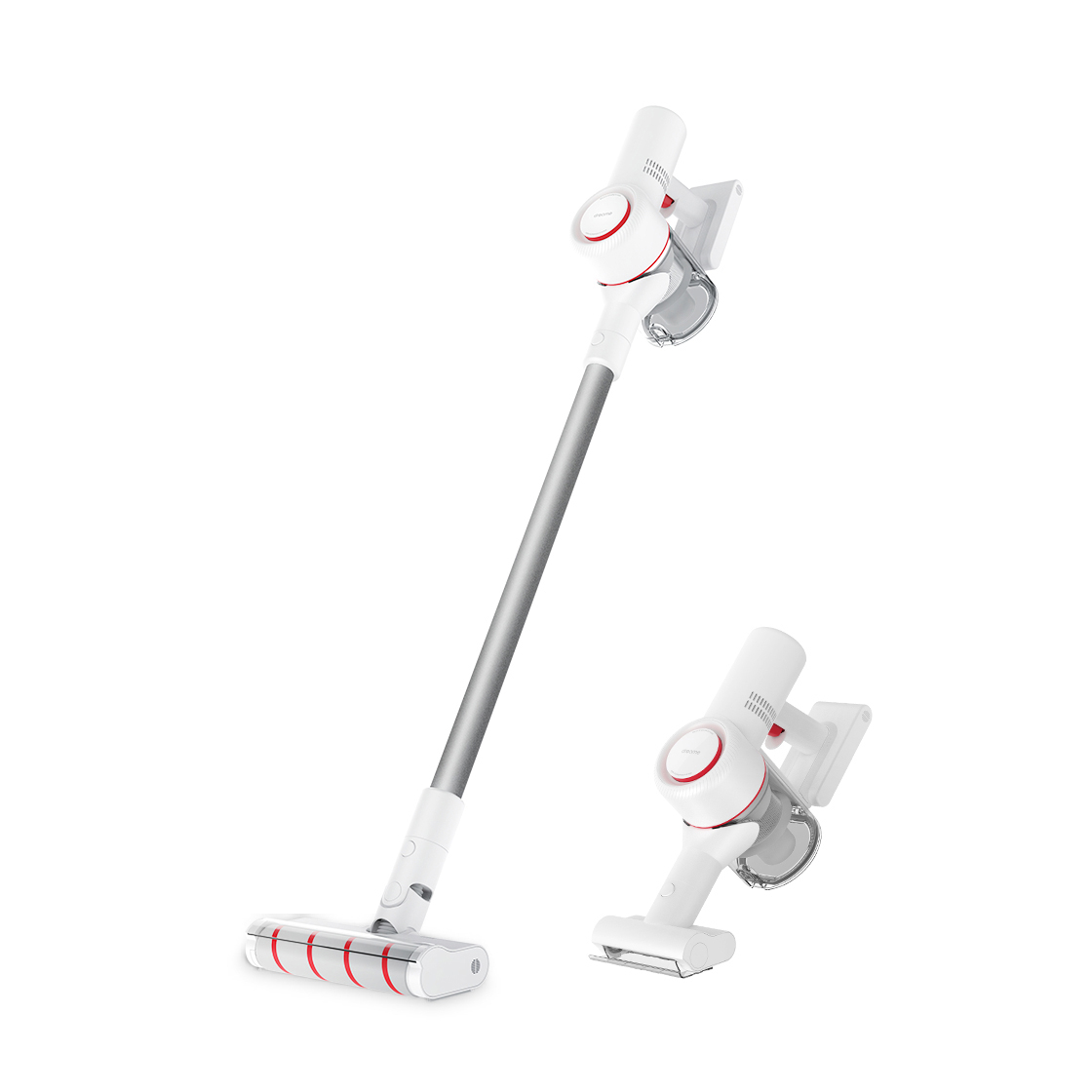 Weißer kabelloser Staubsauger mit kleinerer Handheld-Version auf weißem Hintergrund.