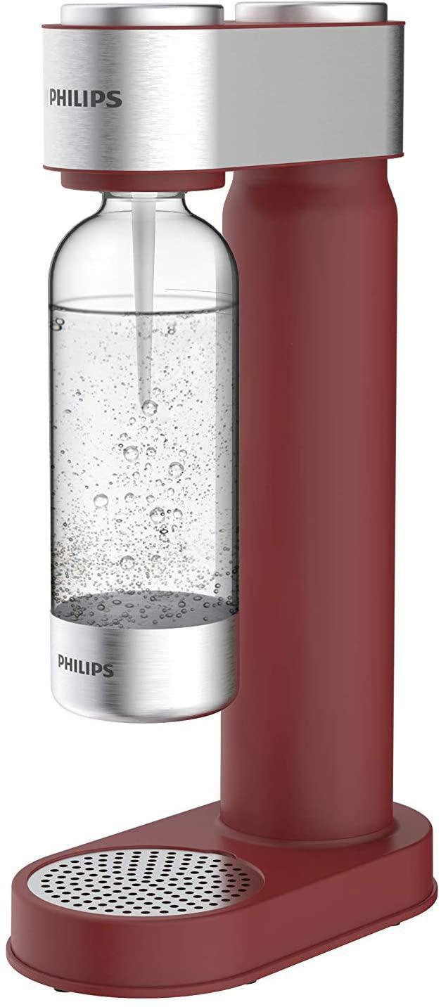 Roter und silberner Philips Wassersprudler mit klarer Flasche.