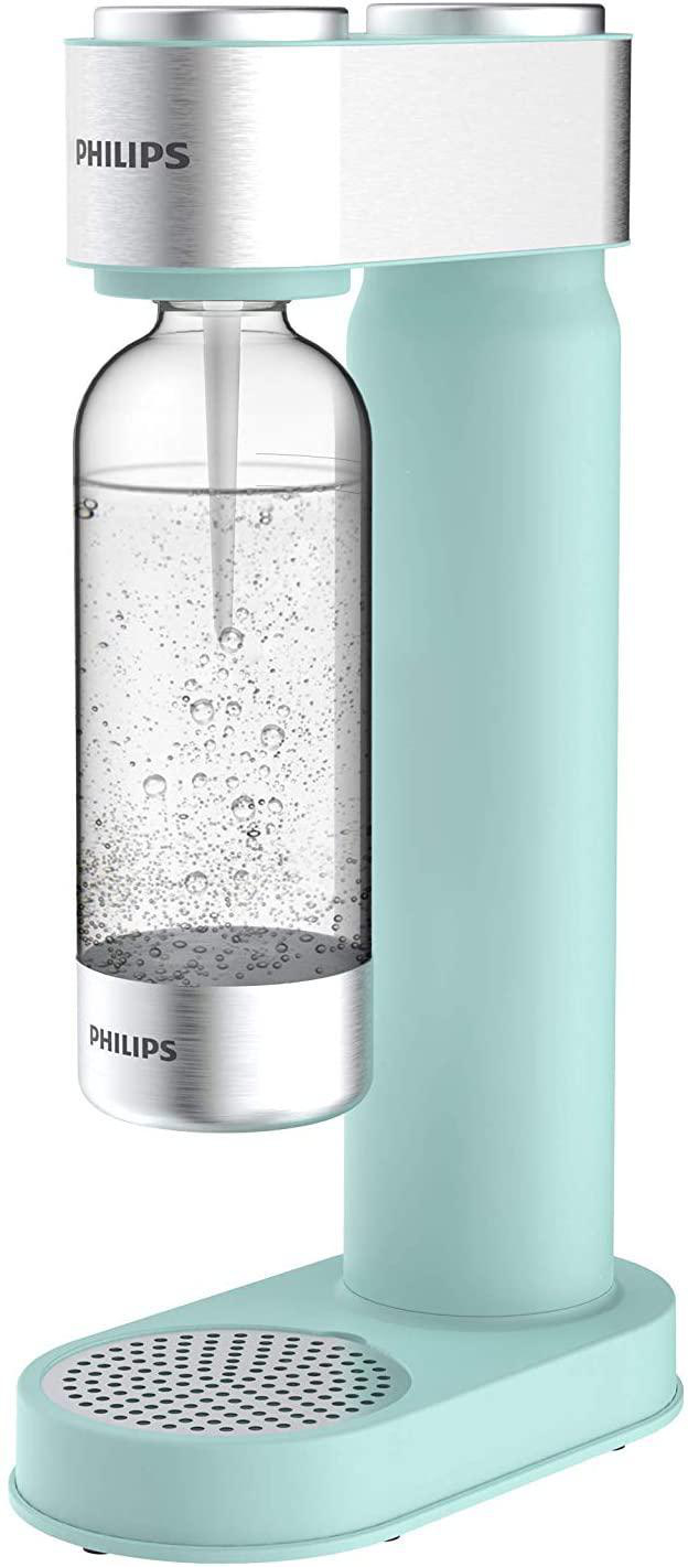 Philips Wassersprudler. Klare Flasche mit Wasser und Blasen. Minzgrüne Basis.