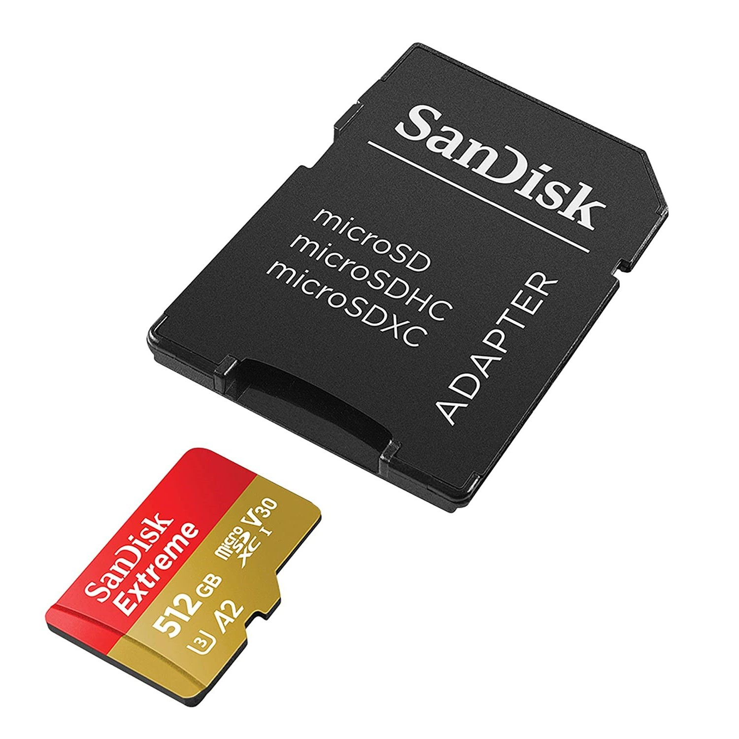 Adaptador de tarjeta SD SanDisk negro y tarjeta micro SD roja/dorada, fondo blanco.