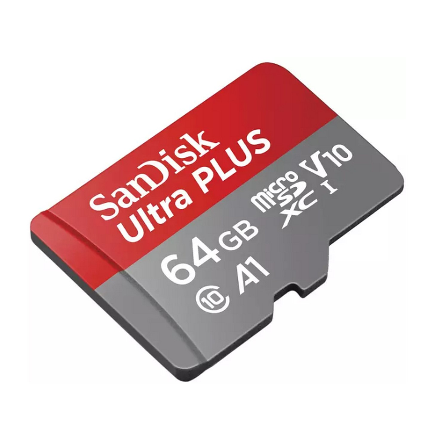Tarjeta microSD Sandisk Ultra Plus. Rojo y gris, 64 GB, A1, aislada sobre fondo blanco.