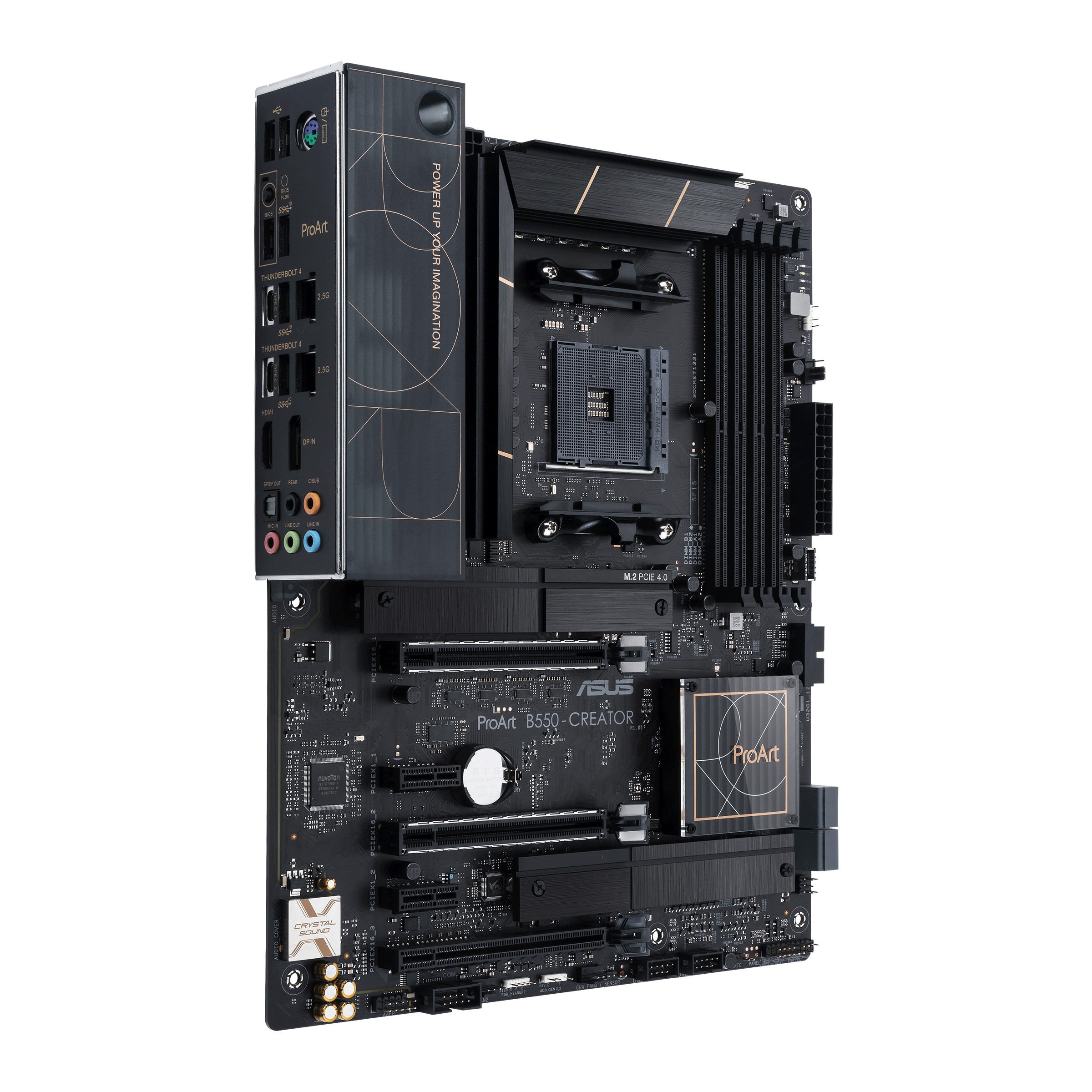 Schwarzes Computer-Motherboard mit verschiedenen Komponenten und weißem Hintergrund.