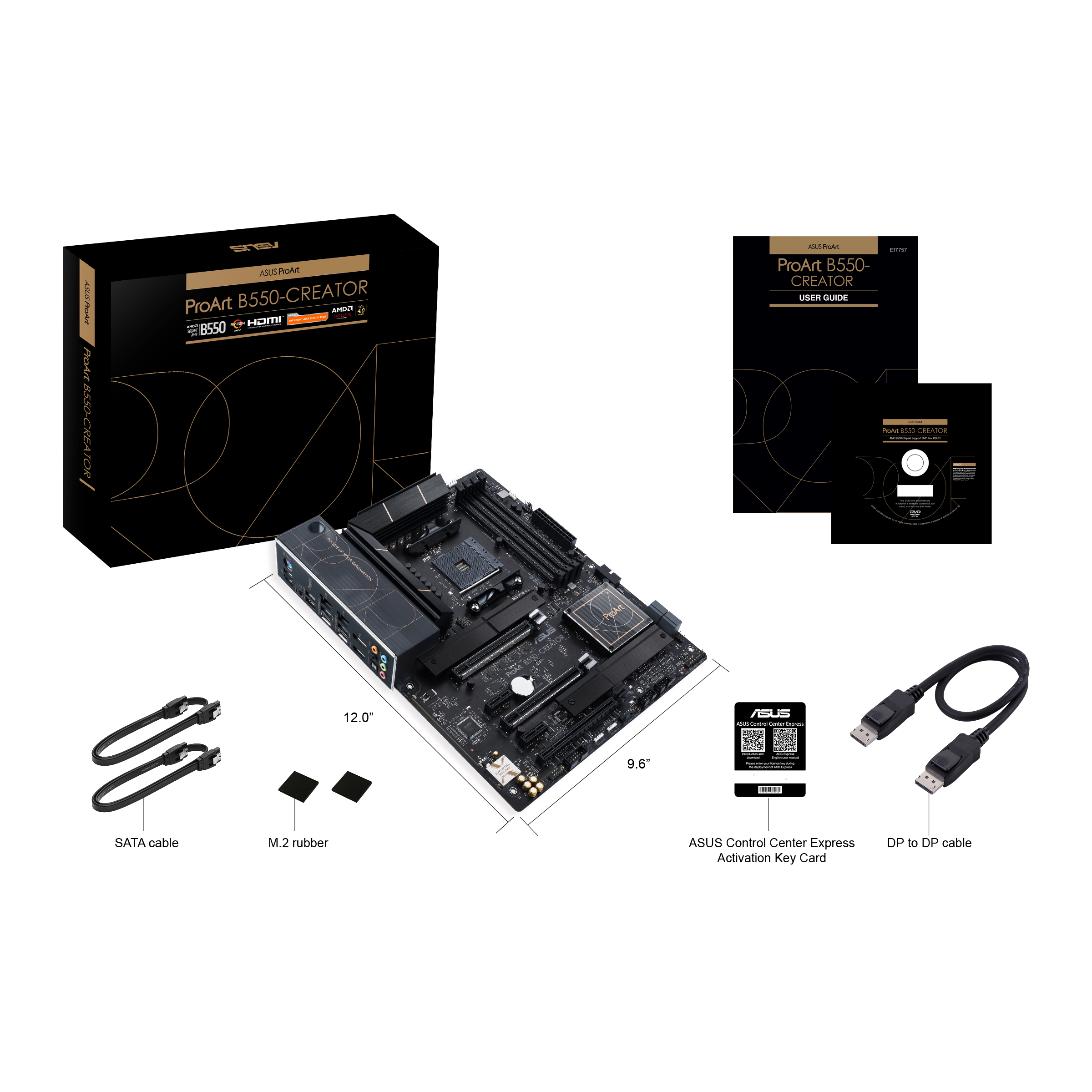 Ein schwarzes Motherboard mit Komponenten, Box und Kabeln, mit Maßen und Text auf weißer Oberfläche.