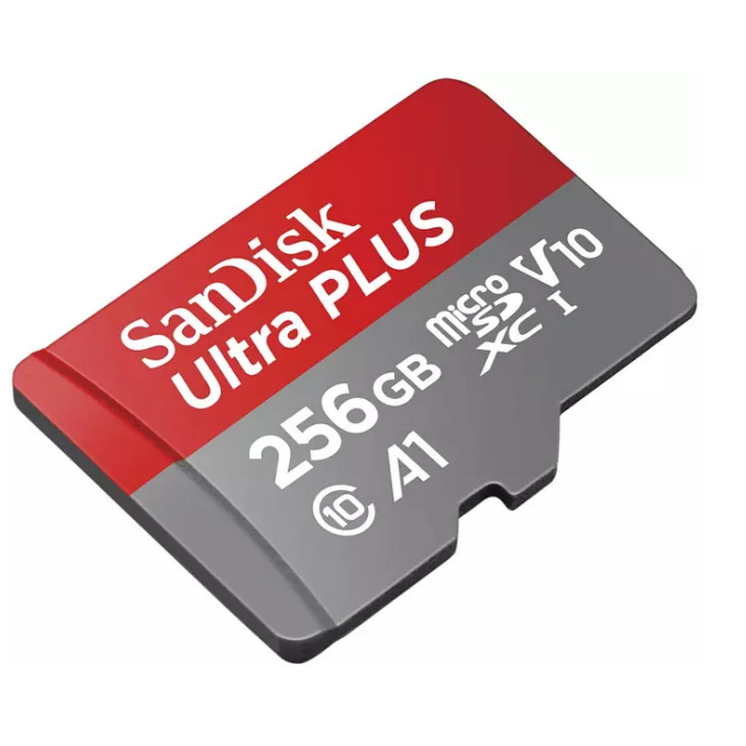 Tarjeta micro SD roja y gris con texto.