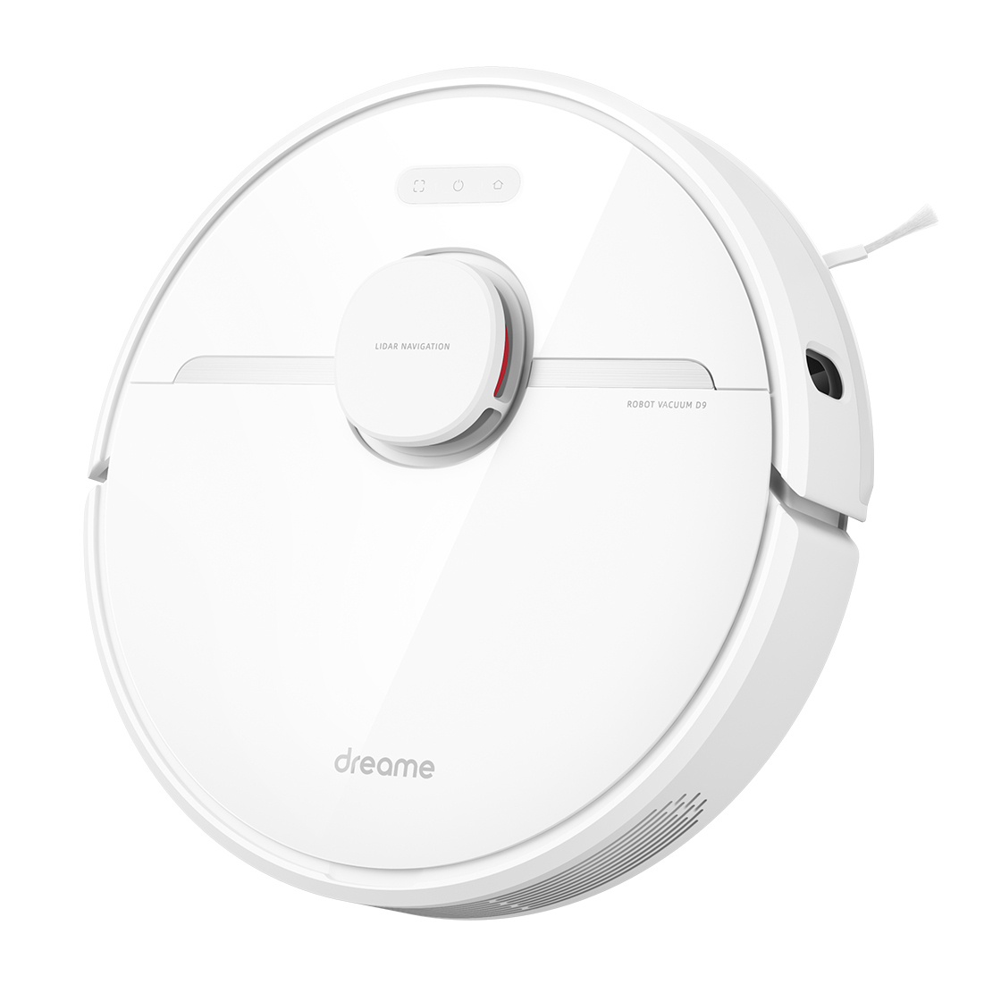 Weißer Roboter-Staubsauger mit roter Taste und Text: LIDAR NAVIGATION und ROBOT VACUUM D9.