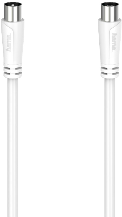 Witte coaxkabel met twee witte connectoren. De kabel staat op een zwarte achtergrond.