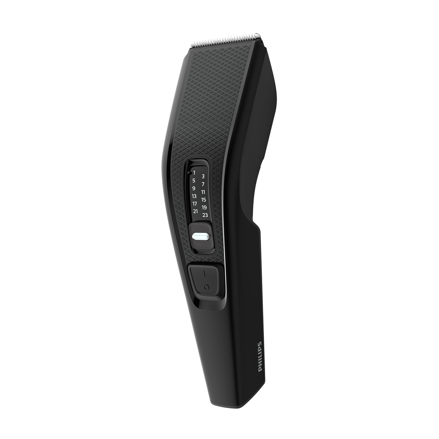 Un tagliacapelli Philips nero con display digitale e varie impostazioni di lunghezza.