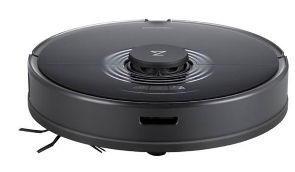 Nahaufnahme eines schwarzen Roboter-Staubsaugers, zeigt Oberseite und Details.
