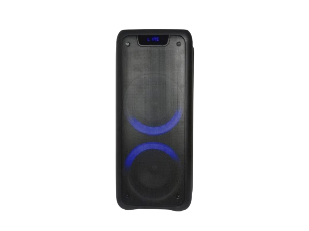 Altavoz negro con círculos iluminados en azul. La parte superior tiene una pantalla digital que muestra 'LINE'.