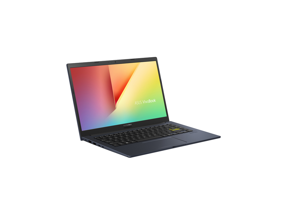 Portátil azul sobre fondo blanco. La pantalla muestra un diseño abstracto colorido y el logo ASUS Vivobook.