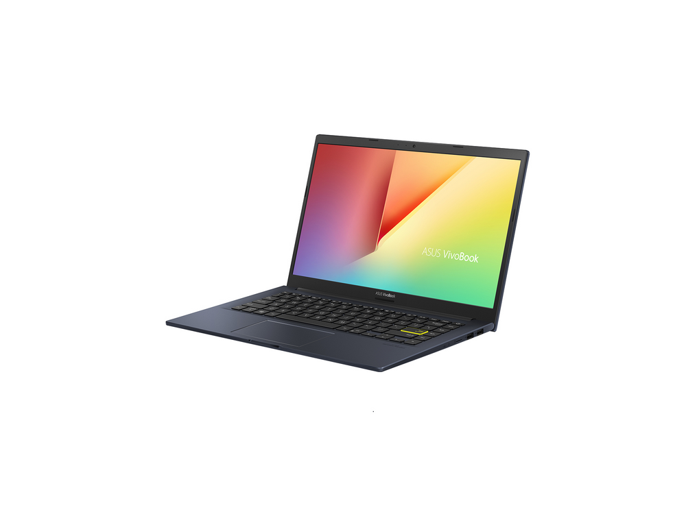 Un portátil ASUS Vivobook abierto con una pantalla colorida sobre fondo blanco.