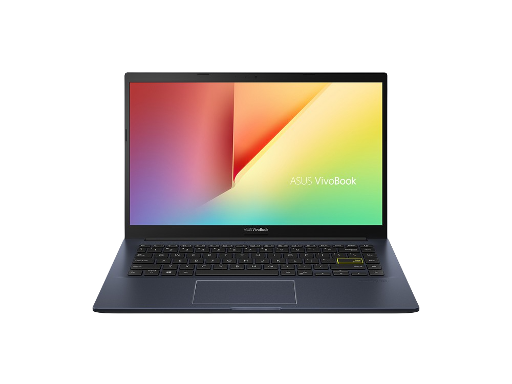 Laptop Asus Vivobook. Abierto, mirando hacia adelante, teclado negro, pantalla colorida, cuerpo azul oscuro.
