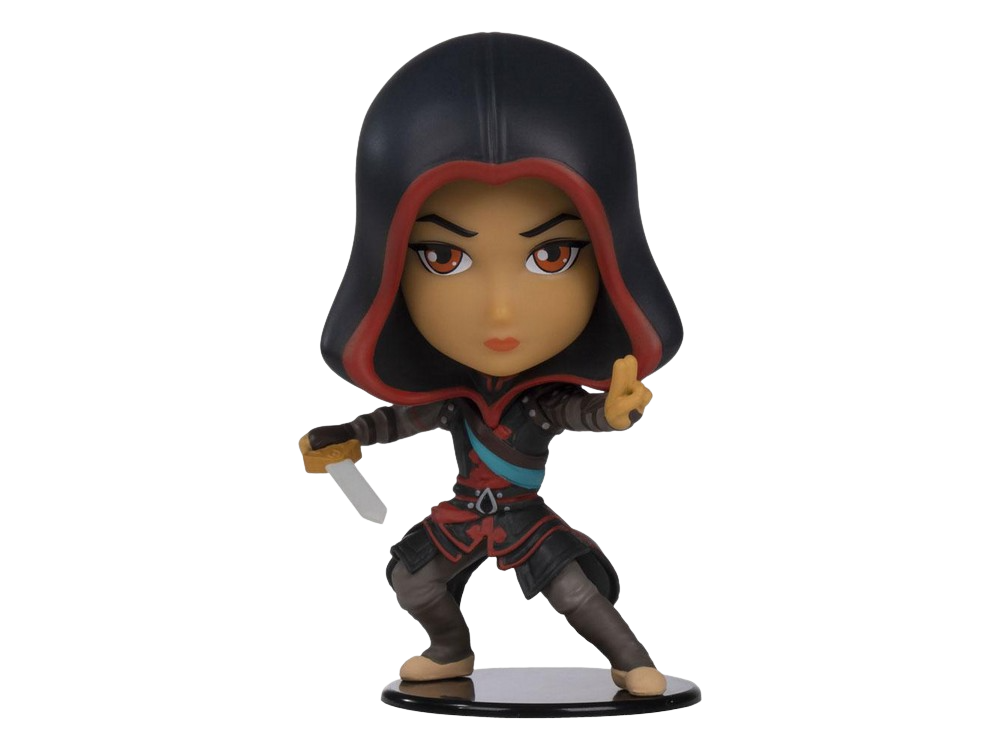 Una figura de un personaje femenino de Assassin's Creed con una espada.