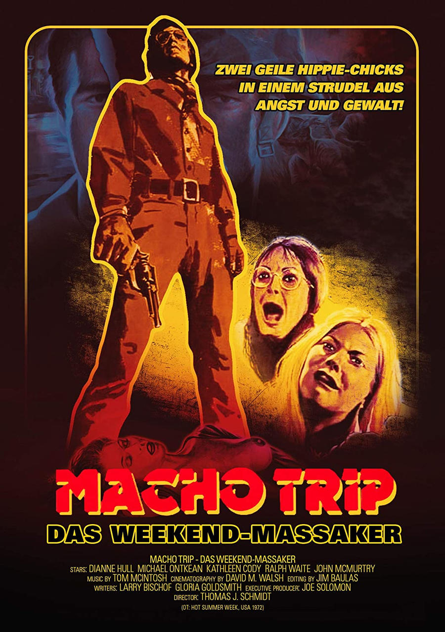 Vintage Filmplakat Macho Trip, mit einem Mann mit Waffe und zwei schockierten Frauen.