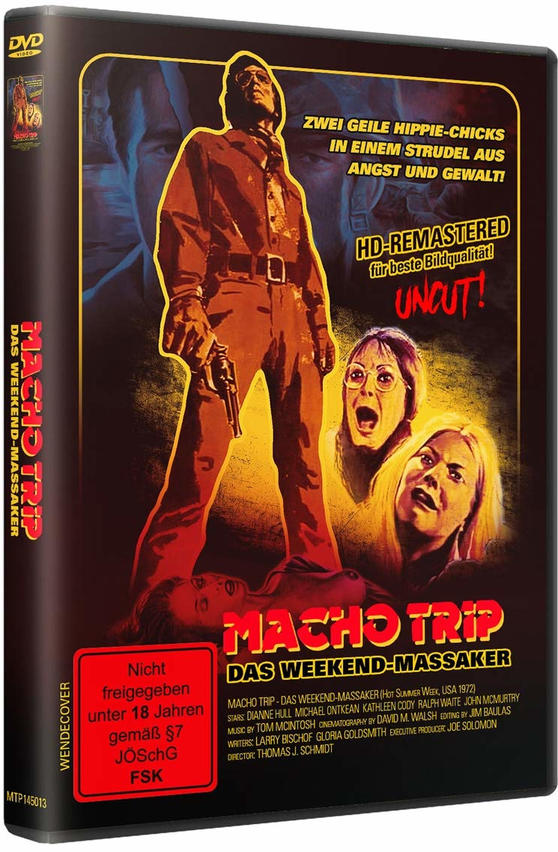 DVD-Cover von 'Macho Trip'. Ein Mann mit Pistole steht über zwei schreienden Frauen. Retro-Design.