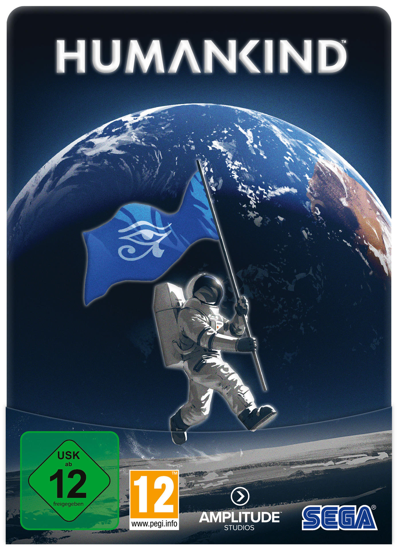 Spiel-Cover: Astronaut mit Flagge auf der Erde, Text 'HUMANKIND' mit USK- und PEGI-Bewertungen.