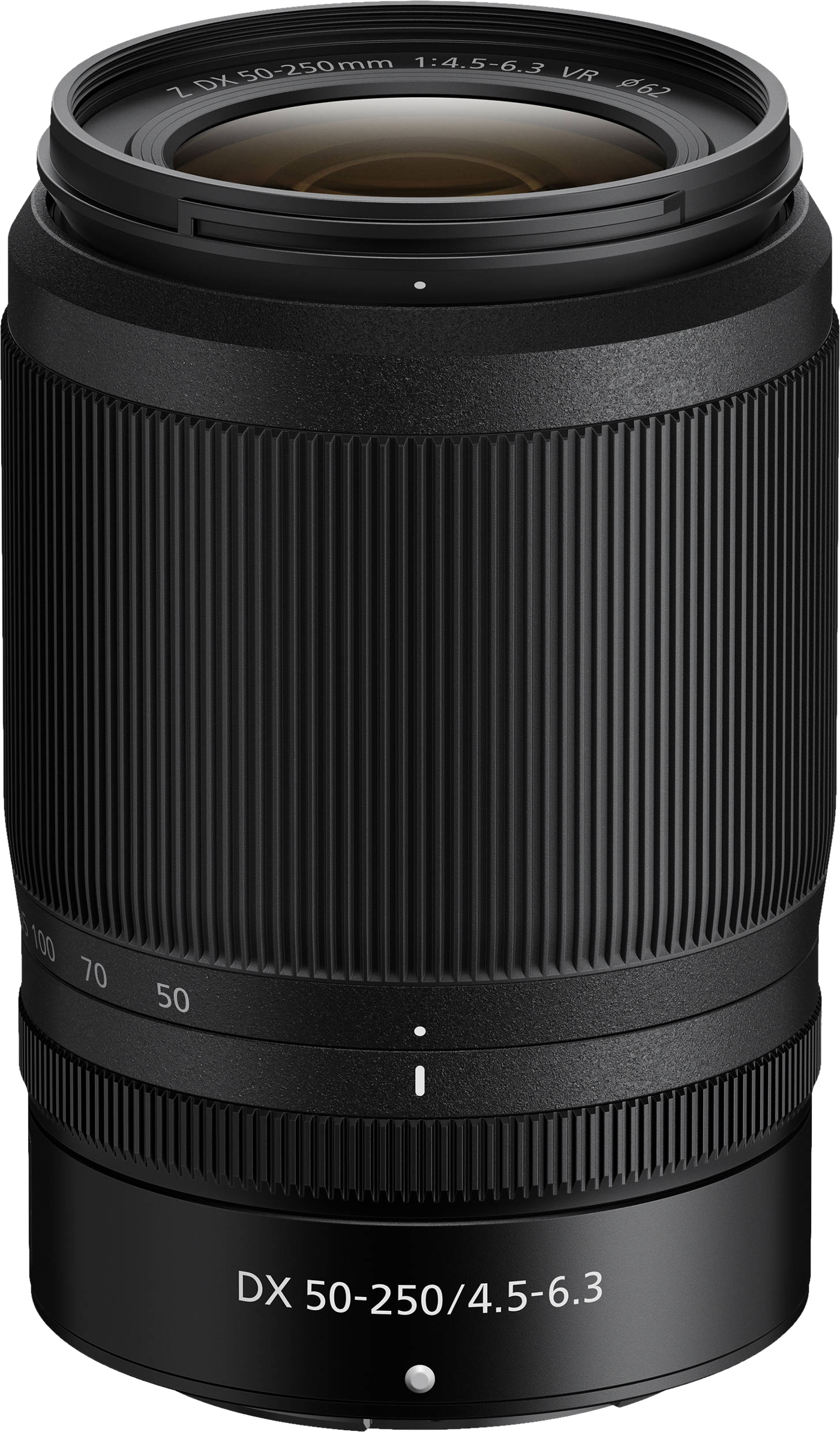 Objectif d'appareil photo noir avec bagues de mise au point et de zoom, un indicateur blanc et des informations sur l'objectif.