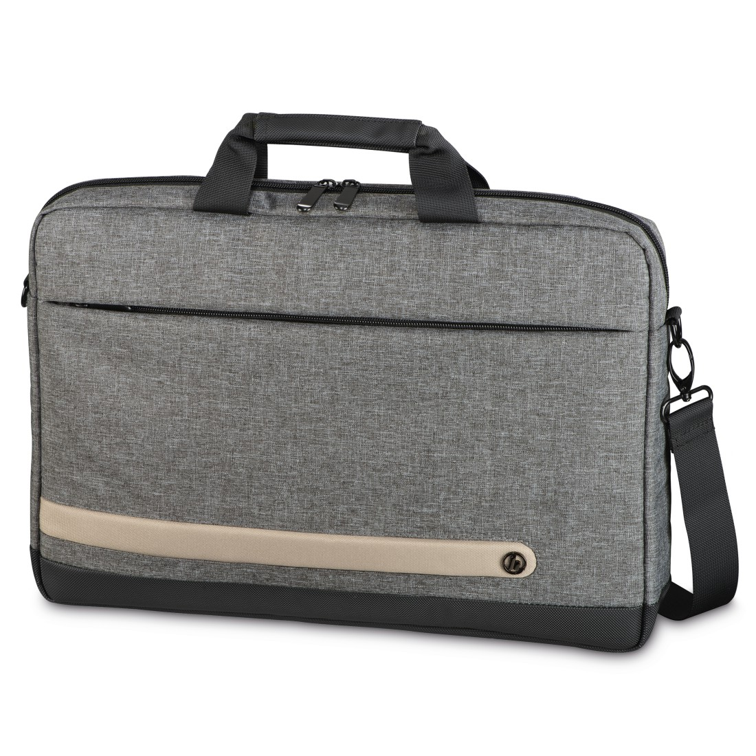Eine graue Laptoptasche mit Griff und Schultergurt auf weißem Hintergrund.