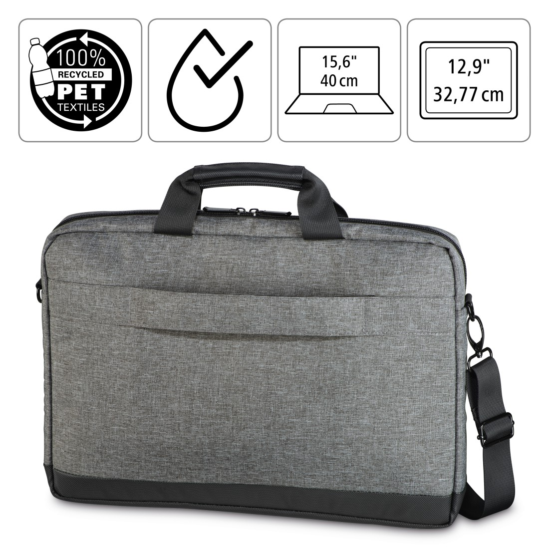Graue Laptoptasche. Verschiedene Symbole und Texte oben. Weißer Hintergrund.