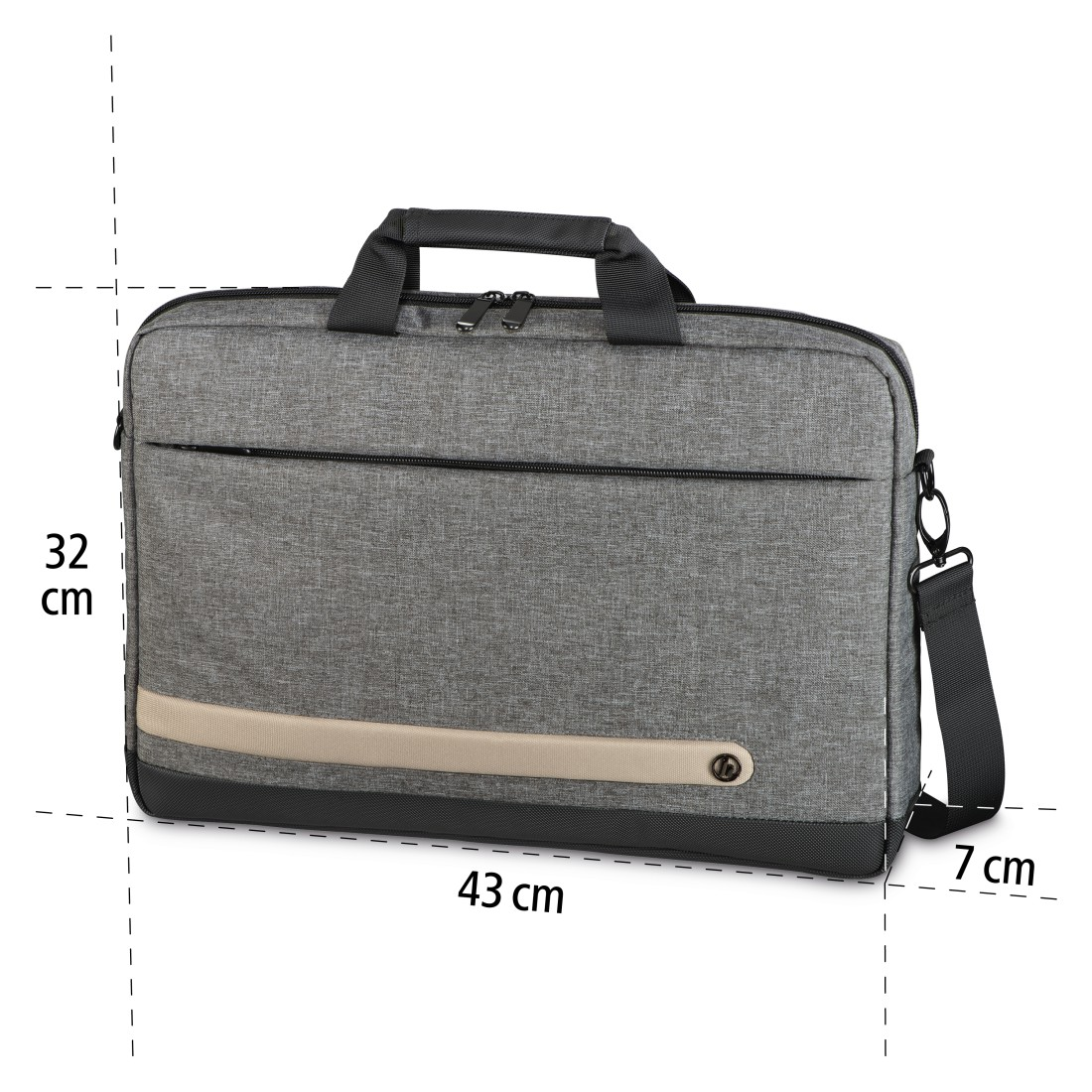 Graue Laptoptasche mit Maßen, einem beigen Streifen, einem Griff und einem Schultergurt.