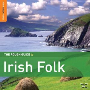 A 'The Rough Guide to Irish Folk' című könyv borítója. Zöld táj látható szöveggel és logóval.