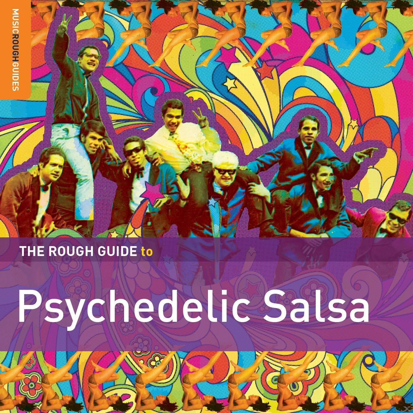 Könyvborító: 'The Rough Guide to Psychedelic Salsa'. Színes, táncosokkal.