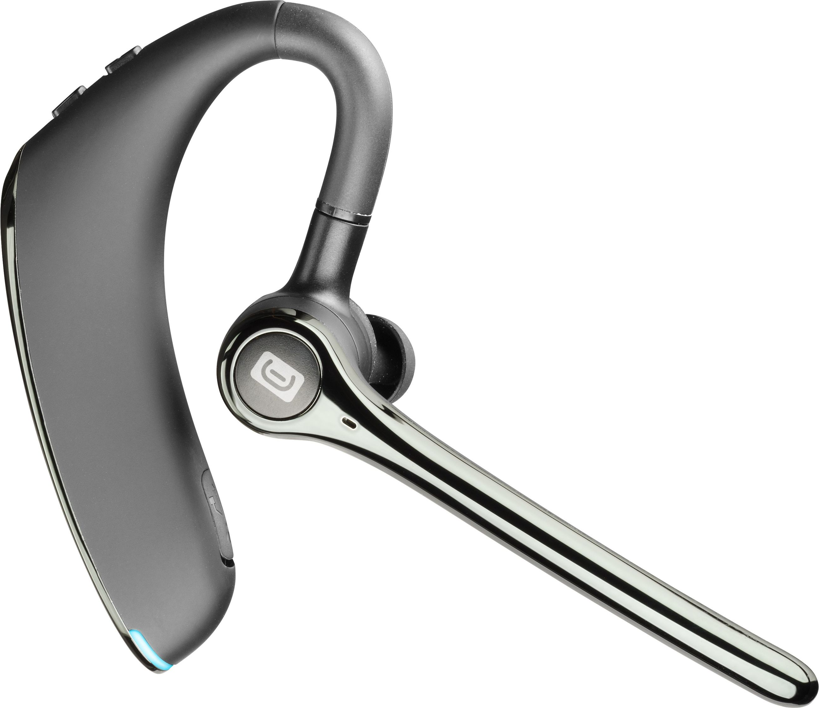 Un auricolare Bluetooth grigio e argento su sfondo bianco.