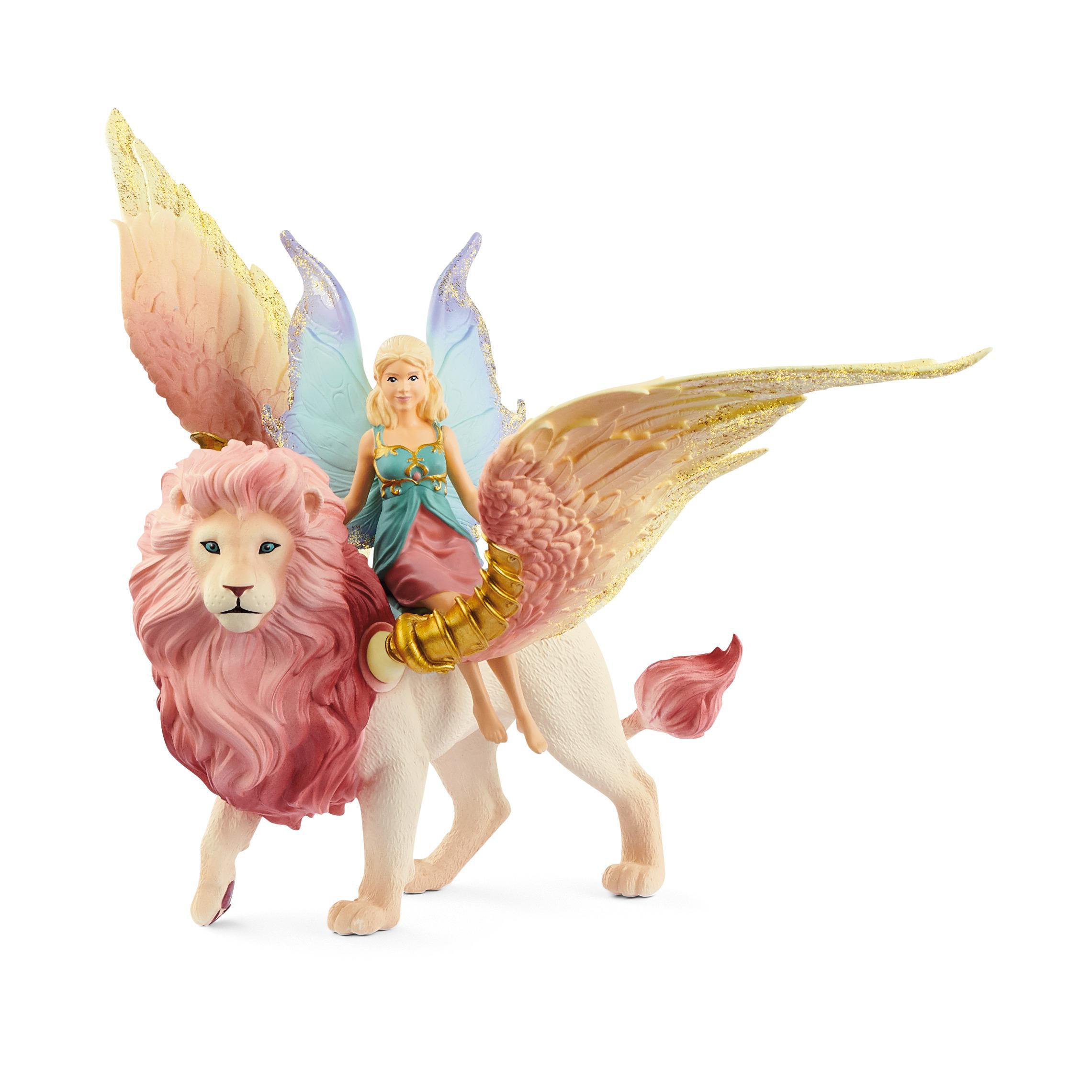 Eine Spielfigur eines Löwen mit Flügeln und einer Fee, die auf seinem Rücken reitet, auf weißem Grund.