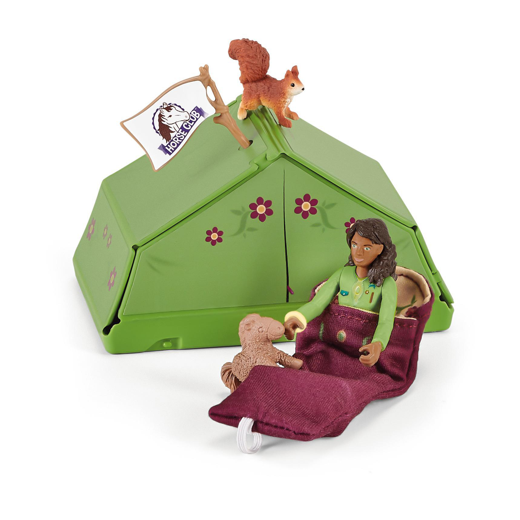 Grünes Spielzeugzelt mit einem Mädchen, einem Spielzeugpony und einem Eichhörnchen oben drauf.