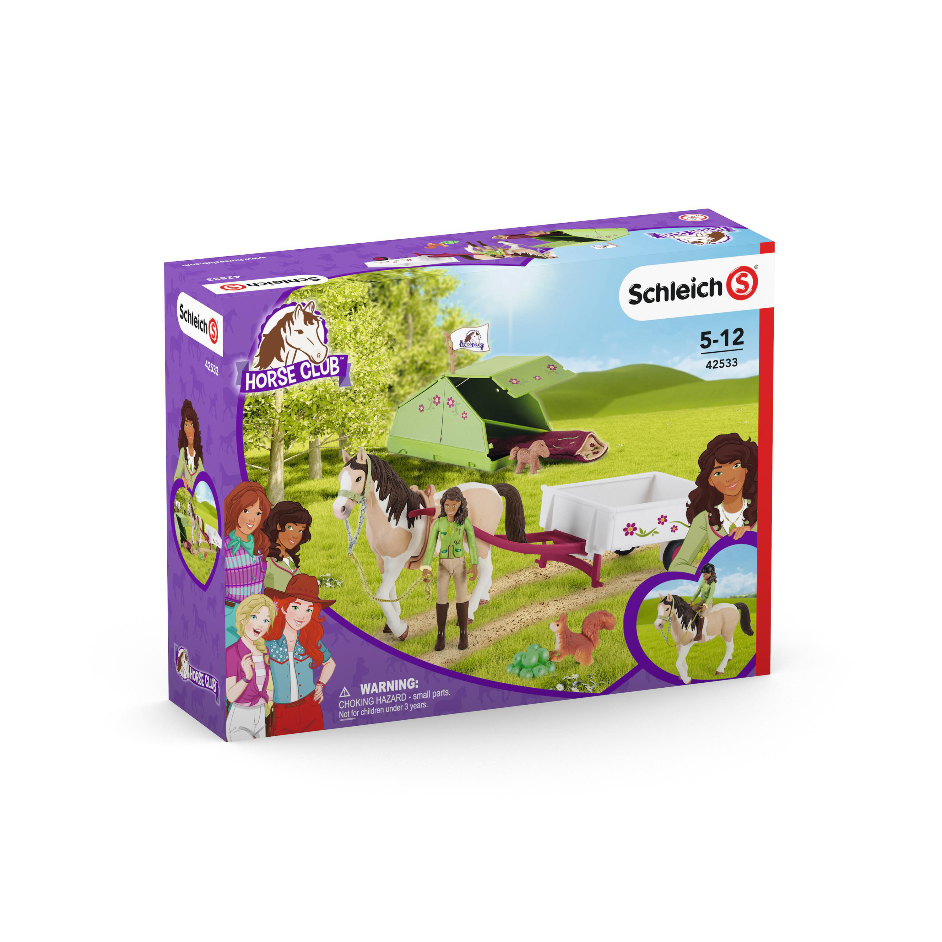 Eine Spielzeugkiste mit Pferdeclub-Motiv. Enthält Figuren, ein Pferd, einen Wagen und ein Zelt.