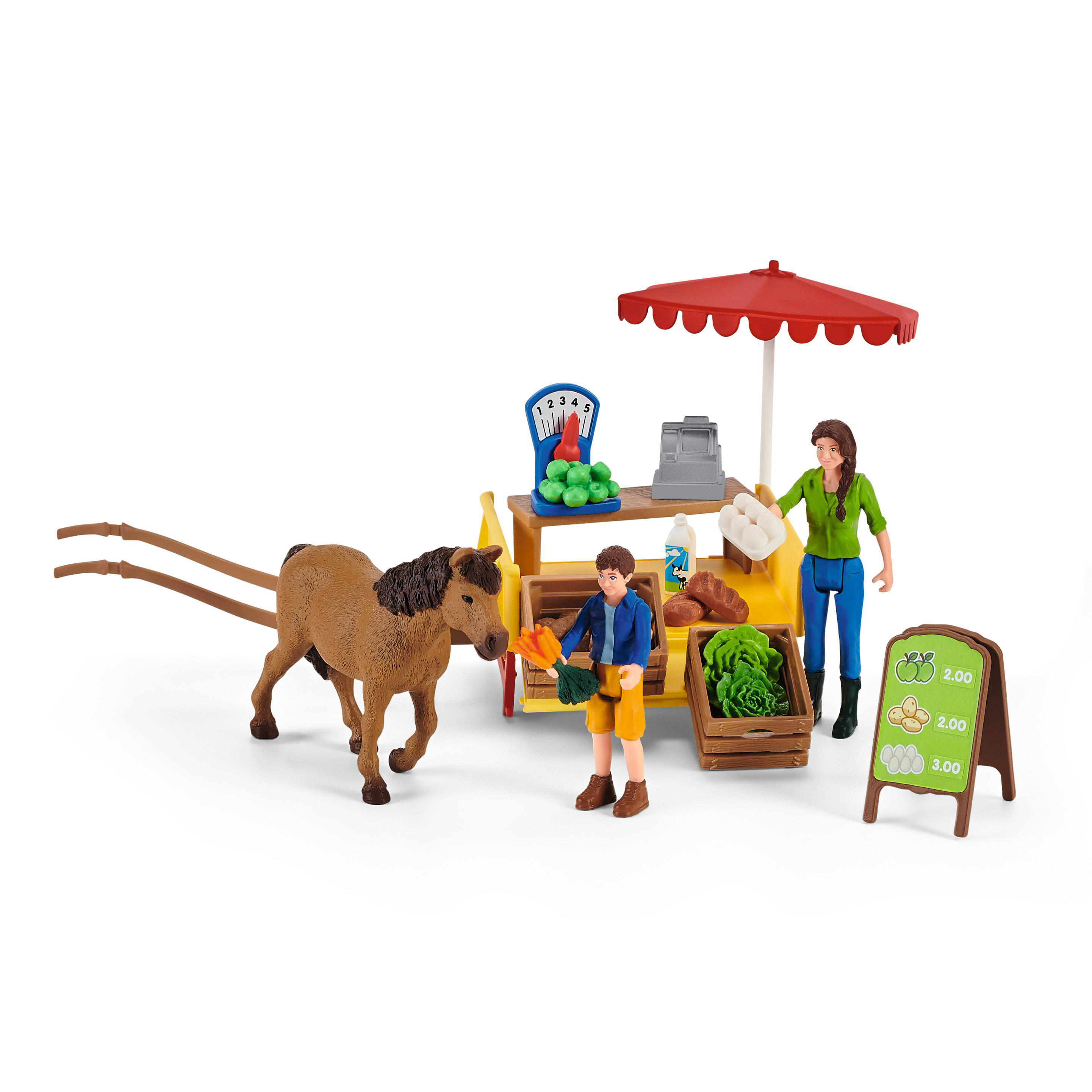 Eine Spielzeugmarktszene mit pferdegezogenem Wagen, Figuren und Produkten. Ein roter Schirm schützt die Szene.